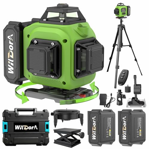 Wildora 16 Line Laser Level 4x360 Green Laser Leveler 4 Auto Self Leveling 2x4800mAh 48H Runtime Batteries Long Range Remote Laser Level Kit with Tripod and Hard Case for DIY & Renovation