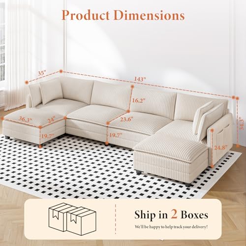 Image of Vesgantti 143 inch U Shaped Sectional Modular Couch, Comfy Corduroy Upholstered Modular Cloud Sofas for Living Room, Modern Sectional Sofa with 2 Ottoman Deep Seat, Beige