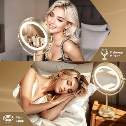 Image of Professional 8.5 inch Large Lighted Makeup Mirror with Brighter Lights, 1X /10X True HD Magnifying Mirror with 3 Color Dimmable Lights, 90 Shadowless LEDs, 360Swivel Seamless Vanity Mirror, Gold Nickel