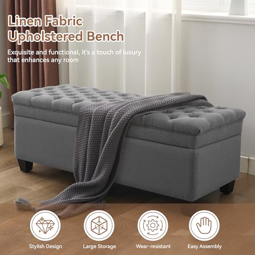 Image of WUTUTUEE 50 inch Fabric Storage Ottoman Bench, Upholstered Rectangle End of Bed Storage Ottoman Tufted Living Room Bedroom Bench with Safety Hinge, Solid Wood Legs, Loads 500 lb(Dark Grey)