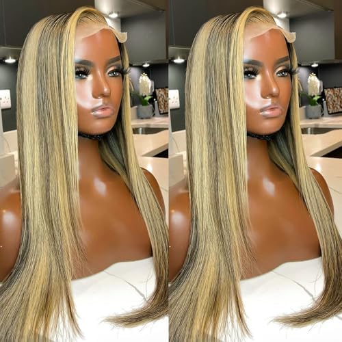 ANDRIA 13x6 Lace Front Wigs 200% Density Lace Front Wig Pre Plucked Glueless Wigs Natural Straight Synthetic 13x6 HD Lace Frontal Wigs for Black Women 26 Inch (Brown and Blonde Hightlight)