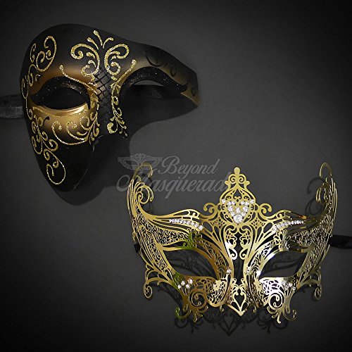 Matching Venetian Gold Half Face Masquerade Mask Ball for Men and Women