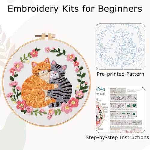 Image of Nuberlic Cat Embroidery Kit for Beginners, DIY Cross Stitch Starter Kit Including Cloth with Pattern, Embroidery Hoop, Needles Instructions and Threads for Adults