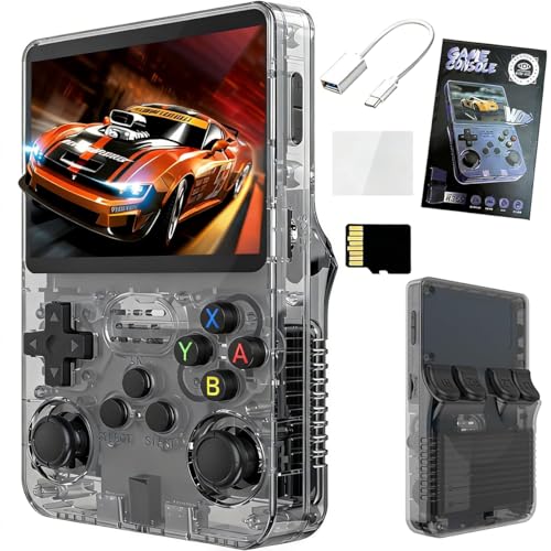 R36S handheld games console preloaded with over 20 000 retro games supports multiple emulators portable retro games console 3.5-inch IPS screen. (Transparent Black)