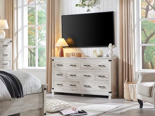 Farmhouse 7 Drawer Dresser for Bedroom - Wood Large Dressers & Chests of Drawers for Closet, 54 Inch Wide Dresser TV Stand with Storage for Bedroom, Living Room, Antique Brush White