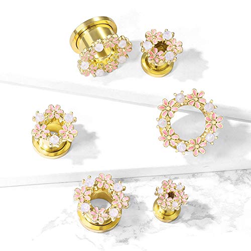 Pierced Owl - Gold PVD Plated Stainless Steel Synthetic Opal and Pink Enamel Flowers Screw Fit Tunnel Plug Gauges, Sold as a Pair4
