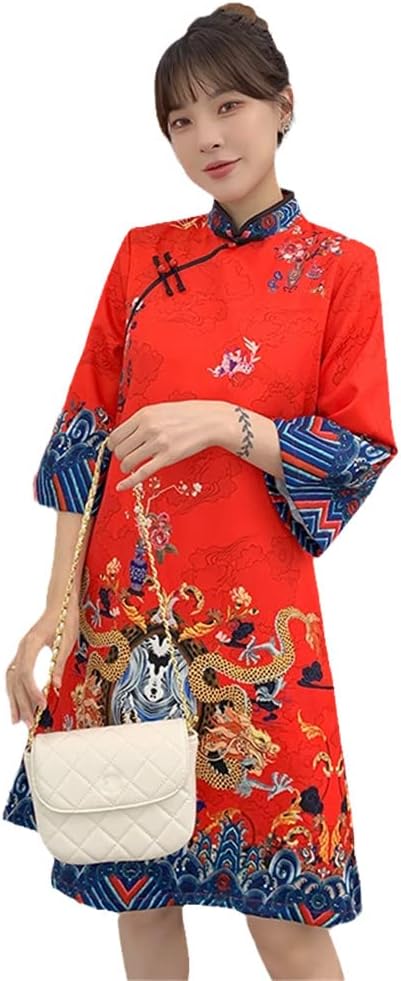 Ins Red Blue Loose Modern Chinese Cheongsam A-line Dress Women 3/4 Sleeve Qipao Traditional Clothes