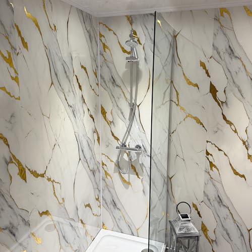 DBS White Gold Marble Gloss Shower Panel 1000mm Wide PVC Bathroom Wall Cladding 1m x 2.4m