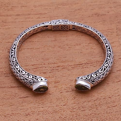 Novica Handmade Peridot Cuff Bracelet Weave Pattern From Bali .925 Sterling Silver Indonesia Gemstone [5.75 In L (End To End) X 0.3 In W] 'Woven Drops' #TOP1