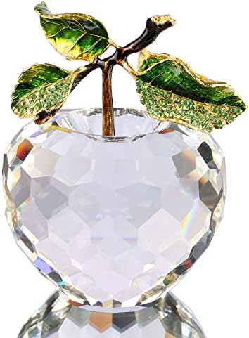 Xinkulas Faceted Crystal Glass Apple Figurine Paperweight Enameled Rhinestone Leaves Blessing Apple Statue 3.5 Inches (Enamel Leaves)