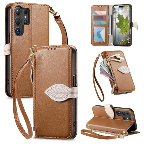 Étui Samsung Galaxy S25 Edge marron en cuir portefeuille avec fermeture éclair
