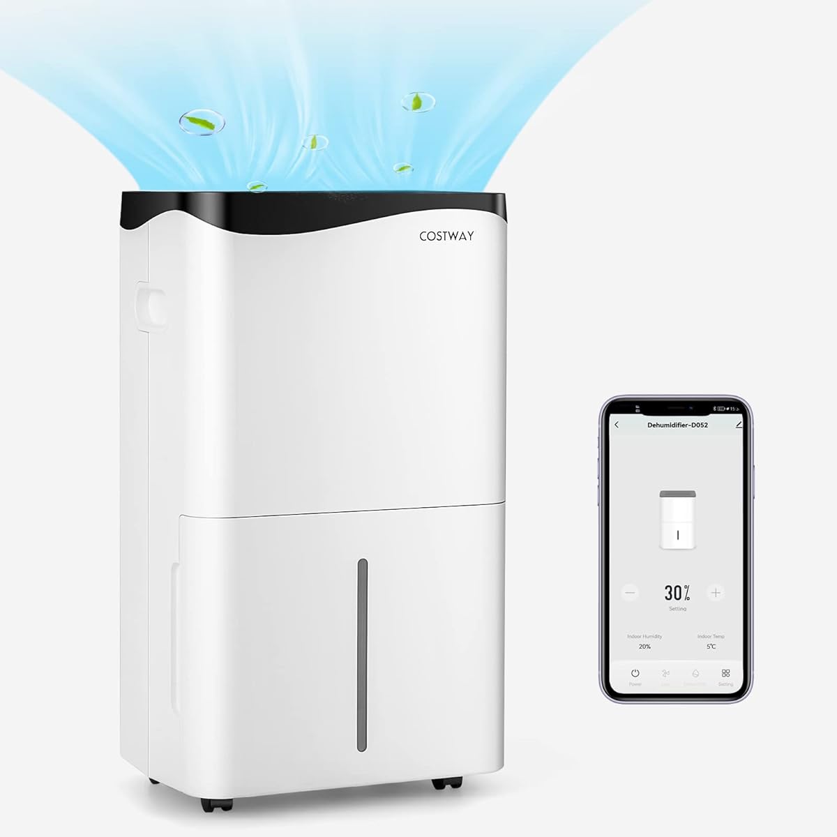 COSTWAY Déshumidificateur Portable 50L/Jour avec Réservoir 5L pour Pièces jusqu'à 100m², 2 Vitesses de Ventilation Minuterie 24H 4 Modes Contrôle WiFi, pour Maison et Bureau