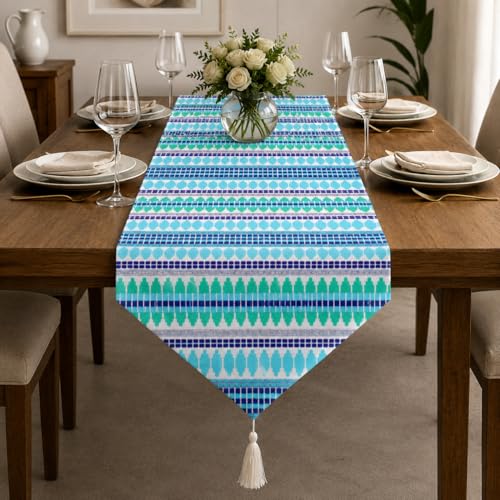 Image of STITCHNEST Woven Table Runner 13x60 Inches | Blue & Green Geometric Design | Tassel Finish | Modern Dining Table Decor