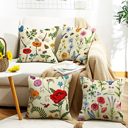 Wyooxoo Throw Pillow Covers 18X18 Set Of 4 Summer Spring Farmhouse Pillow Covers Linen Floral Decorative Cushion Case For Sofa Couch Outdoor Patio Living Room (18" X 18") #TOP6