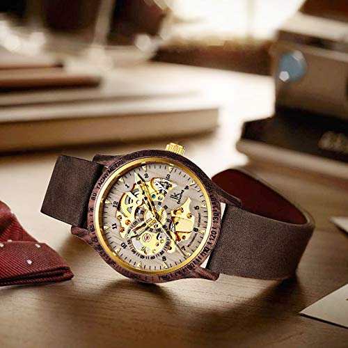 Image of IK COLOURING Men's Watches Luxury Mechanical Wooden Case Skeleton Lumious Automatic Self-Winding Lightweight Genuine Leather Bracelet /Wood Band Wrist Watch