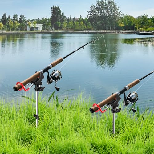Leeko Rutenhalter, Angelrute Halter 2 Stück Zughöhenverstellung 57-87cm Edelstahl Universal Ruten Ständer 360°Verstellbar Angelrutenhalter Angelzubehör Boden Tragbar und Abnehmbar (3 Gabel Upgrade)
