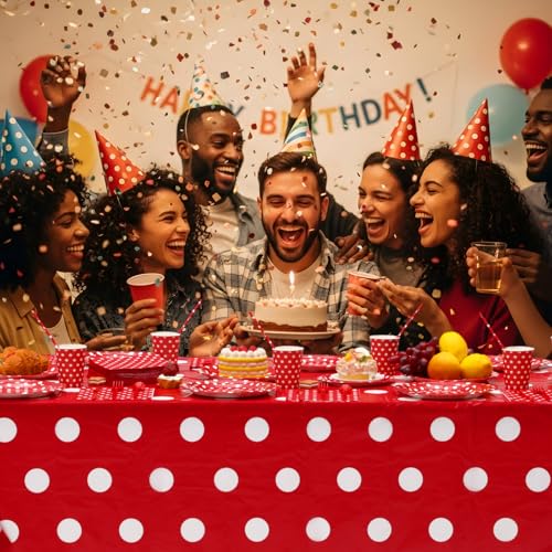 Image of Funnymoom 452 Pcs Red Polka Dot Party Supplies for 50, Red and White Polka Dot Paper Plates Napkins Cups Tablecloth Cutlery Straws for Mouse Birthday Carnival Family Picnic Barbecue Party Decoration