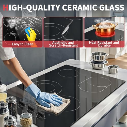 Image of Noxton 4 Burner Electric Cooktop 30 Inch, Knob Control Ceramic Cooktop, 30 inch Radiant Electric Stove Top with Extended Zone, Hot Surface Indicator,9 Power Levels, 32Amps 220-240v Hard Wire(No Plug)