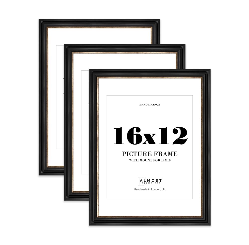 16x12" Black and Gold Picture Frame - 16x12" Frame with 12x10" Mount for 16x12"/12x10" Pictures Vintage Style Photo Display, 3 Pack