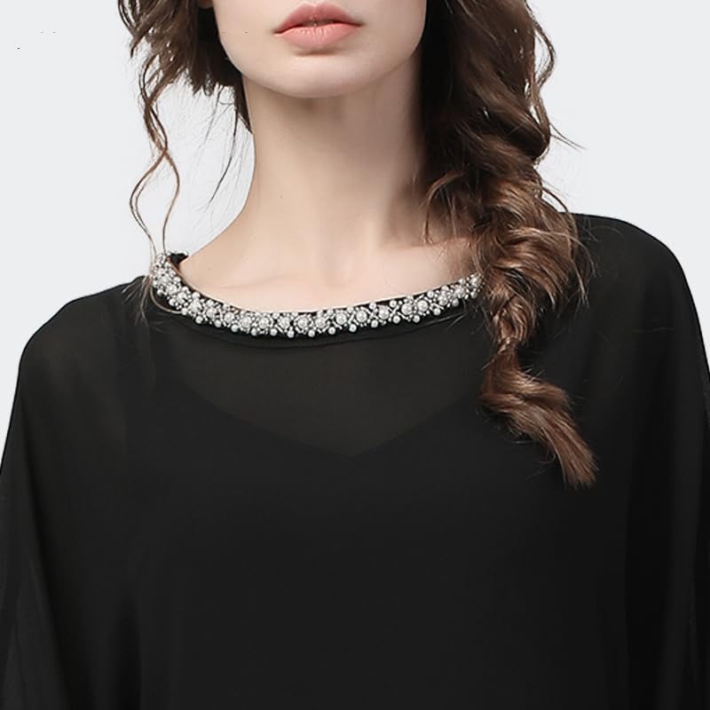 Blusa de Gasa negra con Cuello Redondo y Cuentas para Mujer, Blusa Holgada de Manga Larga de Talla grande, Tops Informales de Oficina para Mujer de otoño (Negro XS)