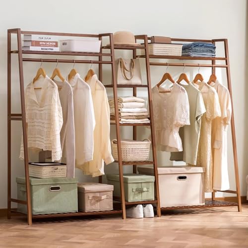 Perchero de bambú con estantes de almacenamiento y barra ordenada, armario abierto para dormitorio y pasillo, elegante soporte de ropa, 160 x 40 x 140 cm, organizador de SpaceSing