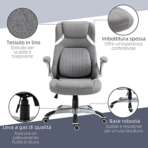 Sedia da Ufficio Ergonomica con Braccioli Ribaltabili e Poggiatesta, Sedia Scrivania Girevole con Supporto Lombare, Altezza Regolabile e Funzione Dondolo in Tessuto per Studio, Grigio - Sedia gaming - Immagine 8