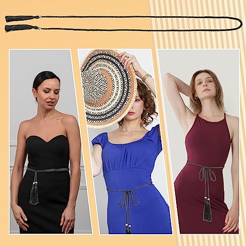 Women's Thin Braided Belt Trendy Boho Thin Belt Waistband Tassel Braided Waist Belt for Skirt Dress (Black)3