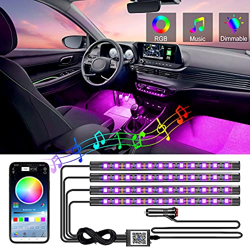 YiLaie Interior Car Lights, RGB LED Car Interior Strip Lights Sync to Music, Waterproof 4pcs 48 LEDs with Bluetooth App Control, Multi DIY Color Music Car Lighting with Car Charger and DC 12V