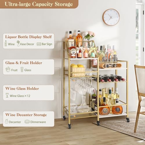 Image of VINAEMO Gold Bar Cart With Wine Glass Holder, Stand for Home, Small Mini Bar for Whiskey Wine, Liquor Cart, Alcohol Cabinet for Kitchen, Dining Room