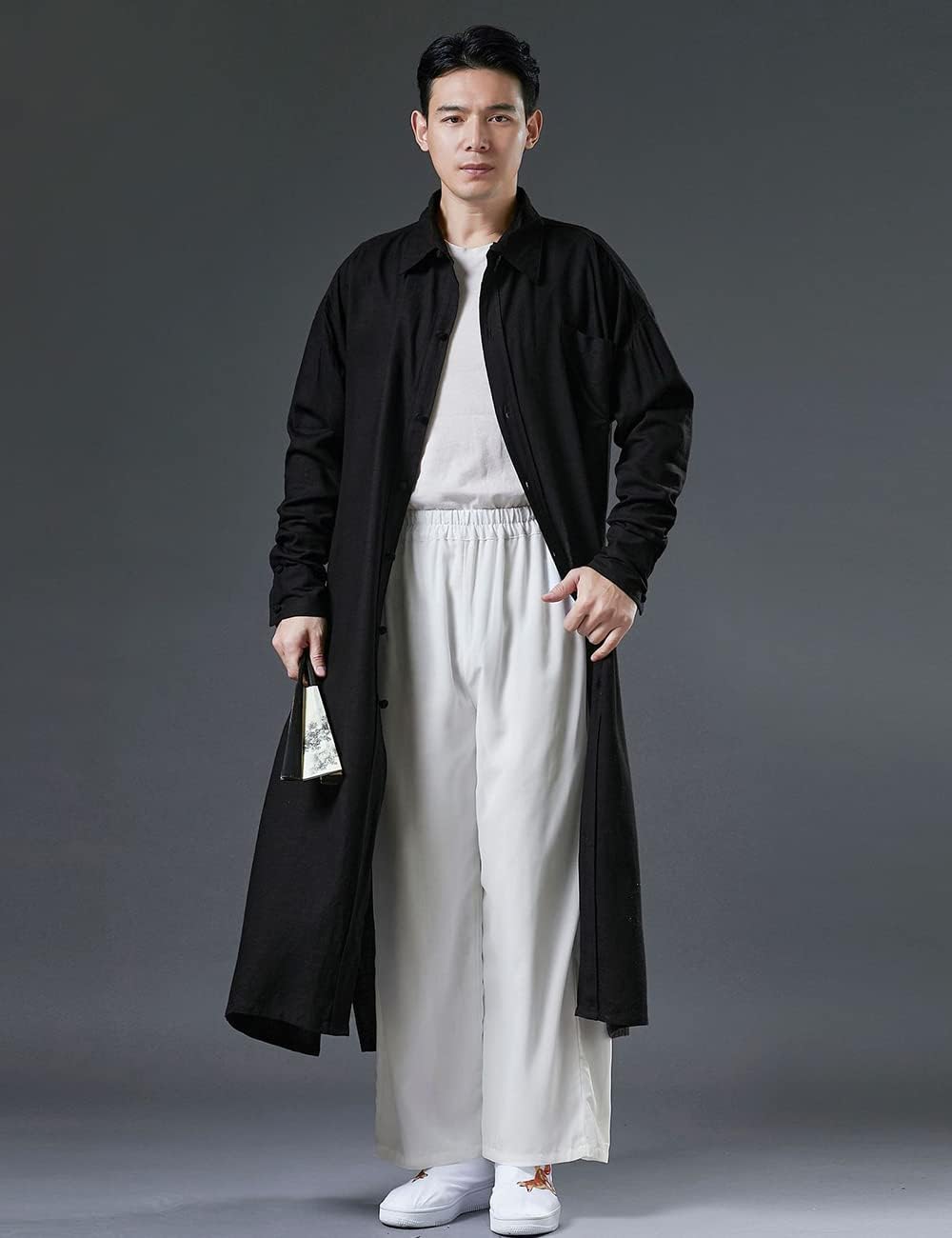 Ystylee Men Lightweight Cotton Linen Lapel Shirt Trench Coats Loose Button Up Pockets Long Length Shirt Jacket Shacket