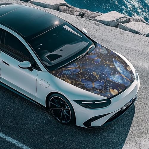 Image of Blue Butterfly Prints Car Hood Cover Elastic Polyester Protector for Car Hood Removable Automotive Accessories for Most Automotive Sedans Trucks Pickup SUVs