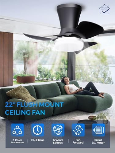 Image of LANMEL Ceiling Fan with Light, Modern Flush Mount Low Profile with Remote Control, Reversible, 3CCT Dimmable, Quiet,LED for Bedroom, Living Room, Indoor /Outdoor Patio Use 22 Inch Silver & Black