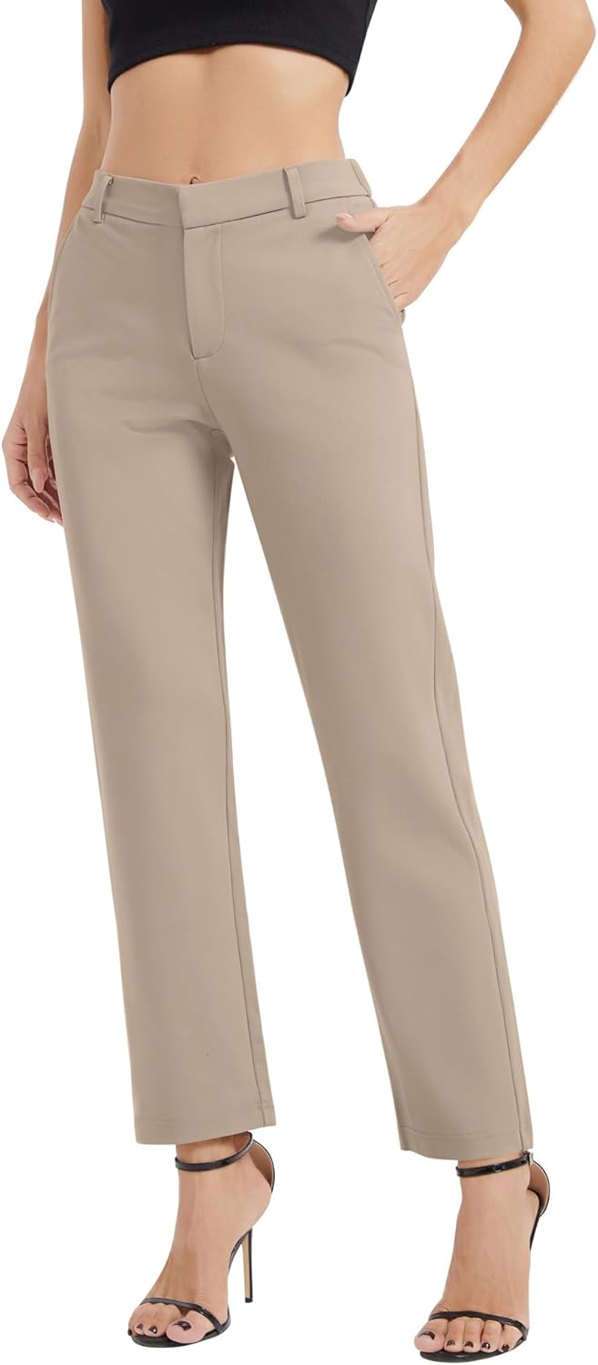 EXCHIC Women's Elastic Waisted Pants Business Work Casual Straight Leg Slacks with Pockets - Image 2