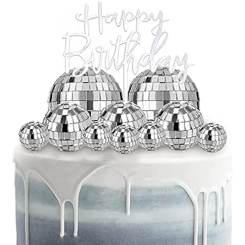 YGCHEN Disco Ball Cake Decoration Disco Ball Cake Toppers Mirror Ball Cake Decoration Happy Birthday Cake Topper for Disco Theme Party Home Decorations (Pack of 12) Cover