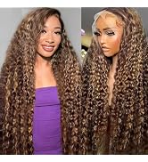 32 Inch Highlight Ombre Deep Wave Lace Front Wigs Human Hair Wig 13x6 210% Density Honey Blonde W...