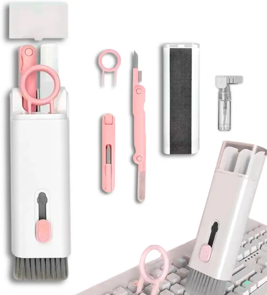 Escova Kit de Limpeza 7 em 1 para Teclado, Fone de Ouvido, Tela de Computador e Celular, Kit Multifuncional Limpador e Removedor de teclas - Qualidade Premium LNSTORE (Rosa)