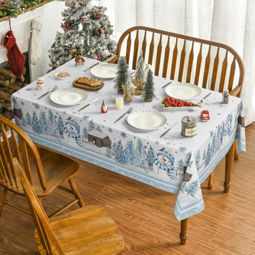 Horaldaily Christmas Tablecloth 60×84 Inch Rectangular, Blue Snowman Pine Snow Washable Table Cover for Party Picnic Dinner Decor – Image 2