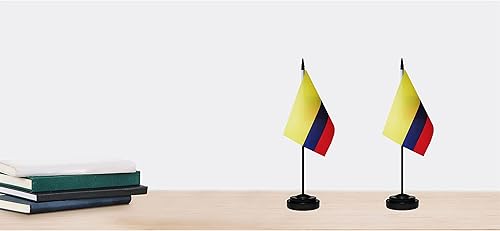 Miniatura 6 de Juego de banderas colombianas de lujo para escritorio de Colombia, pequeñas banderas de escritorio colombianas en miniatura con poste sólido, base