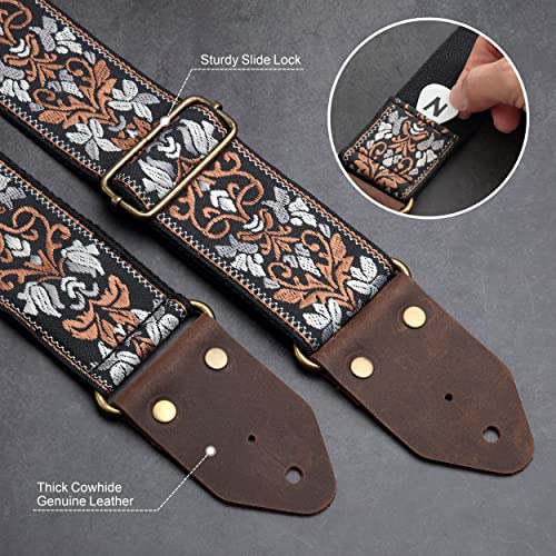 Image of Nefelibata Guitar Strap,Jacquard Embroidery Cotton Guitar Straps with Crazy Horse Leather Ends for Bass, Electric & Acoustic, Best Gifts for Kids, Guitarists(Retro Brown Flower)