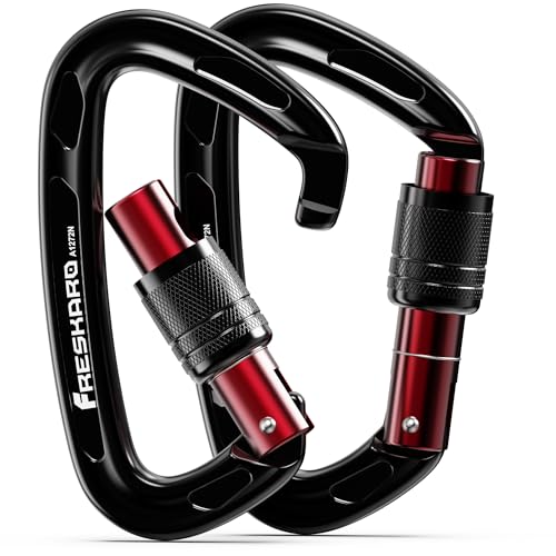 FresKaro Karabiner schwarz, Kletterhaken, Schraubverschluss, Auto-Close, Schraubverschluss, Kletterkarabiner zum Abseilen, Hundeleinen, groß, extra stark 2550kg, 2 Stück