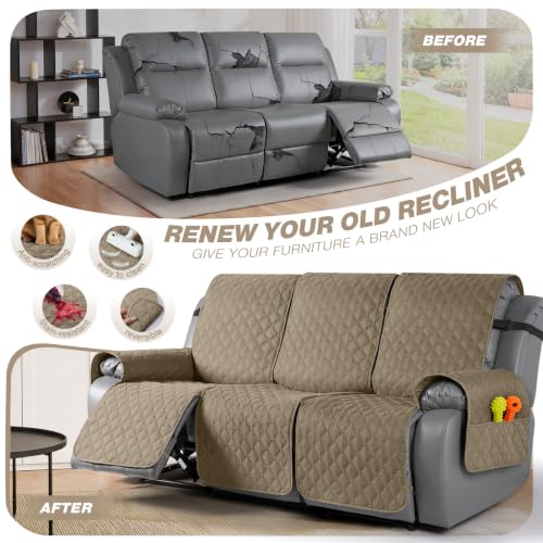 Image of TAOCOCO 100% Waterproof Recliner Covers With Leg Straps, Reversible Recliner Couch Cover For Reclining Chair, Washable Couch Protector For Pets Kids (3 Seater, Khaki)