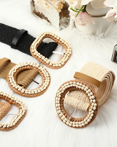 Image of WILLBOND 4 Pcs Women's Elastic Raffia Woven Belt, Boho Rattan Buckle Stretch Straw Wide Waist Belt for Dresses Jeans Pants
