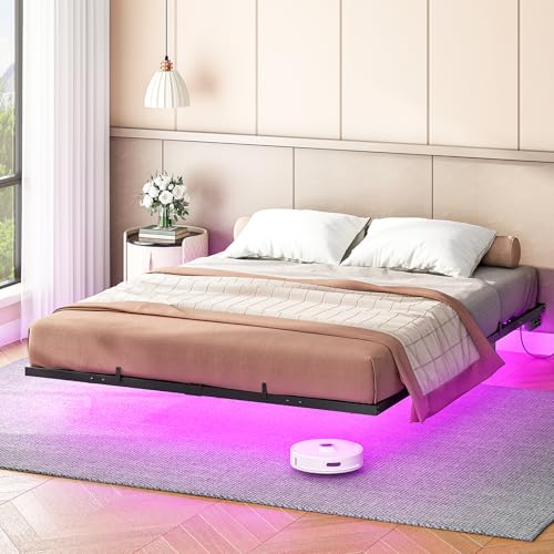 HOOBRO Marco de Cama Colgante 180 x 200 cm, Plataforma Metálica con Luz LED y Estación de Carga, 2 Enchufes y 2 Puertos USB, No Necesita Cojín de Muelle Sin Ruido, Negro EBK024CDBF01