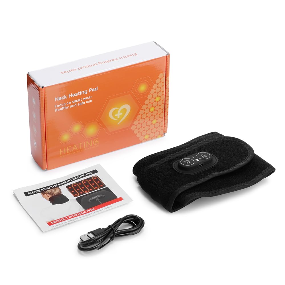 Masajeador de cuello con calor – Cojín térmico para cuello con batería de 3000 mAh, almohadilla térmica calentador de cuello eléctrico con 3 niveles de calor y 3 vibraciones y luz roja, sin cable