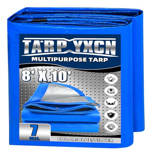 TA*RP YXCN Tarp 8x10 Feet, 7 Mil Thick Waterproof Poly Tarps Cover UV Resistant, Rip & Tear Proof with Metal Grommets Every 20 Inche (Blue/Silver)