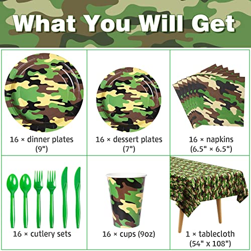 Decorlife Camo Birthday Party Supplies Serves 16, Camo Tablecloth, Plates, Napkins, Cups, Tableware Included, Army Party Decorations For Boys, Total 113Pcs #TOP1
