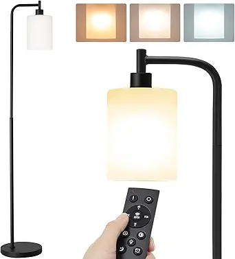 addlon Floor Lamp with Matte White Glass Lampshade,Remote Control, Stepless Color temperatures and Brightness,Modern Standing Industrial Lamp for Living Room, Bedroom and Office - Black