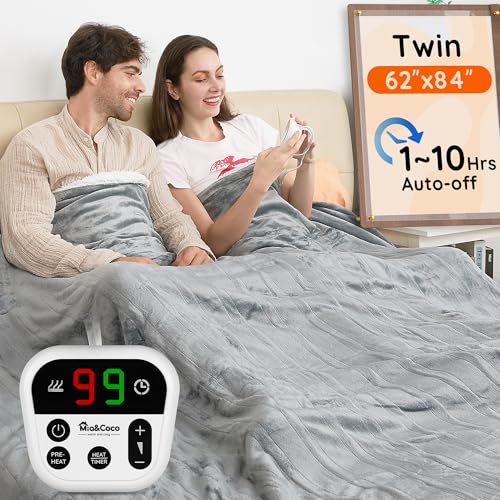 Mia&Coco Electric Blanket Twin - 62'x84' Flannel Heated Blanket,10 Heat Levels, 10-Hour Auto-Off,...