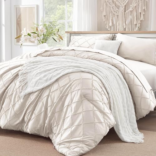 Gotroolhome Boho 5 Pieces Comforter Set with Jacquard Tufted Design, Farmhouse Bedding Sets for All Seasons, Soft Beige Bed in a Bag Twin with Comforter, Flat Sheet, Fitted Sheet, Pillowcases & Shams