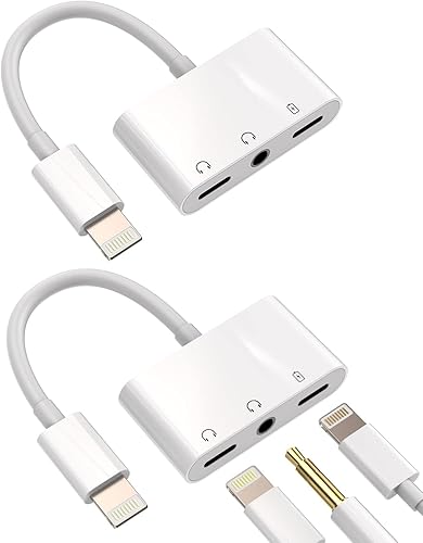 Divisor auxiliar para iPhone 3 en 1 (paquete de 2) adaptador de conector de auriculares dual Lightning a conector de auriculares de 0.138 in,